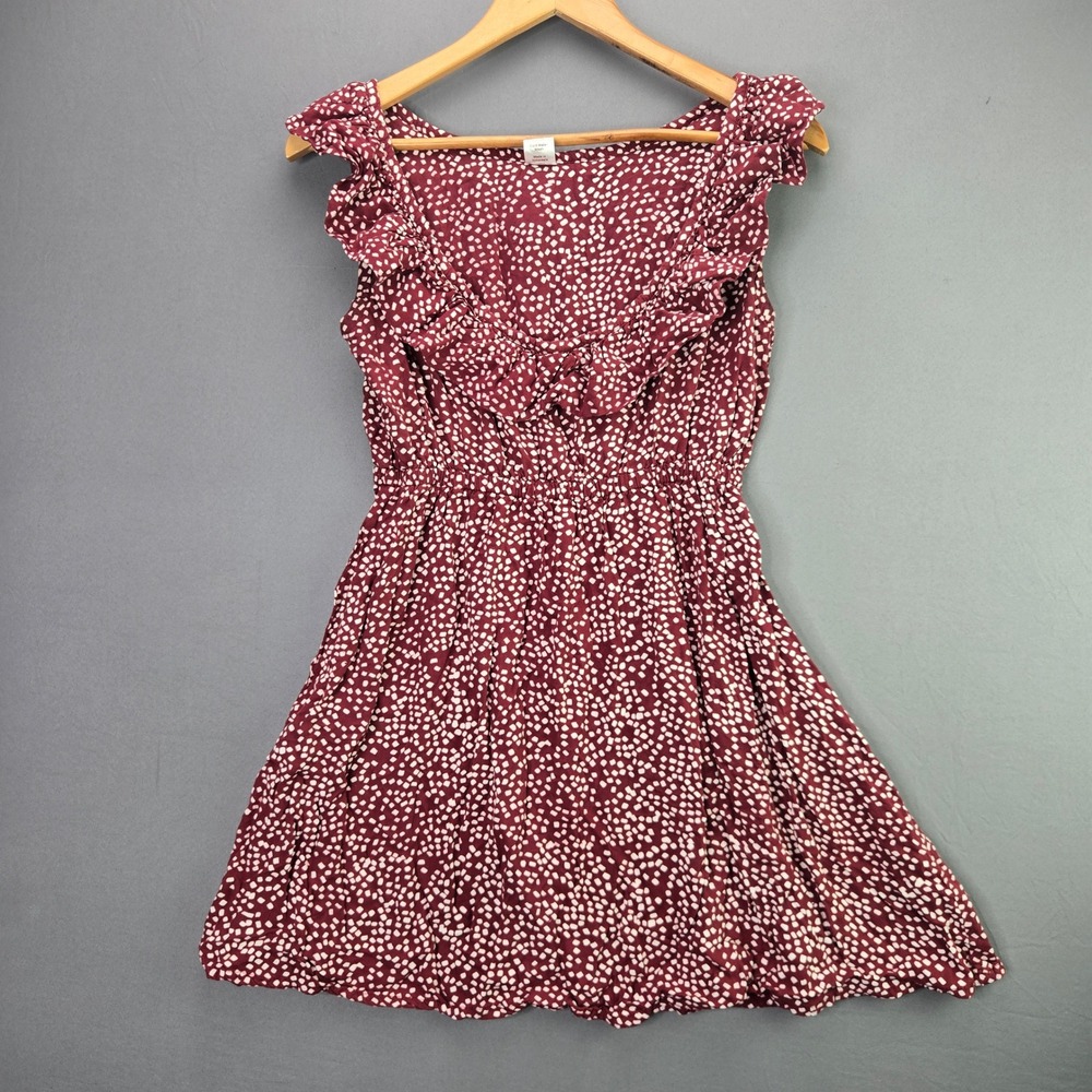 Toko Mini Dress M Burgundy Polka Dot Ruffle Neck Sleeveless Rayon Elastic Waist